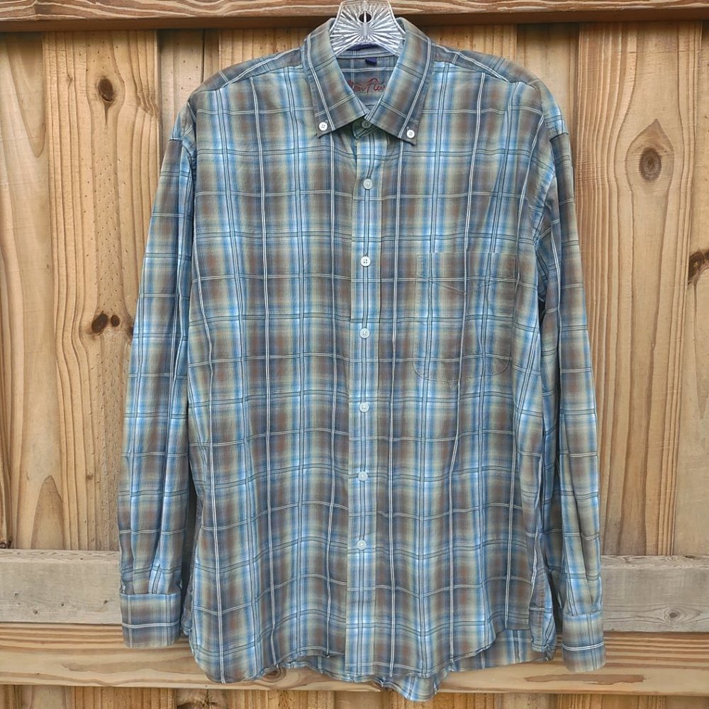 Alan Flusser Men's Plaid Button Down Long Sleeve Collared Dress Shirt Large